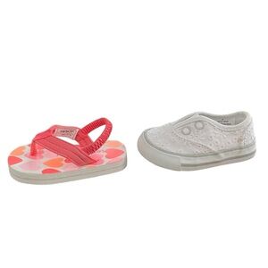 Girls Size 2 Summer Shoes Pink Flip Flops and White Sneakers Bundle of 2